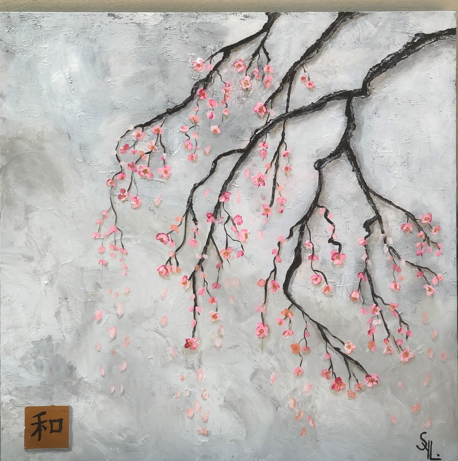 Peinture de branches de cerisier japonais en fleurs roses sur fond gris perle, avec un kanji