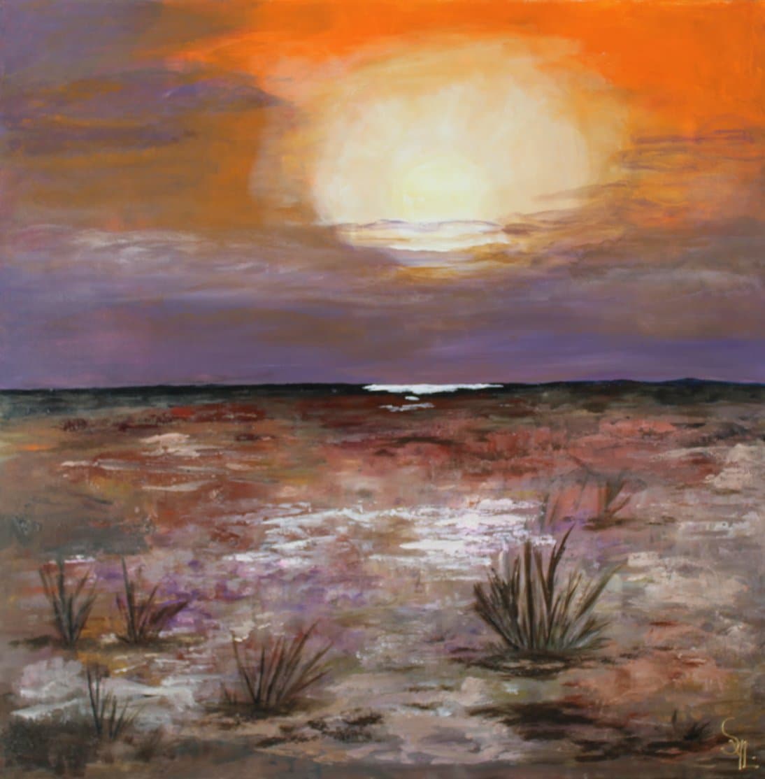 Peinture d'un coucher de soleil orange et violet se reflétant sur un étang